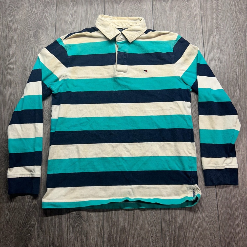 Tommy Hilfiger Mens Rugby Shirt Large Long Sleeve Custom Fit Striped Teal Navy